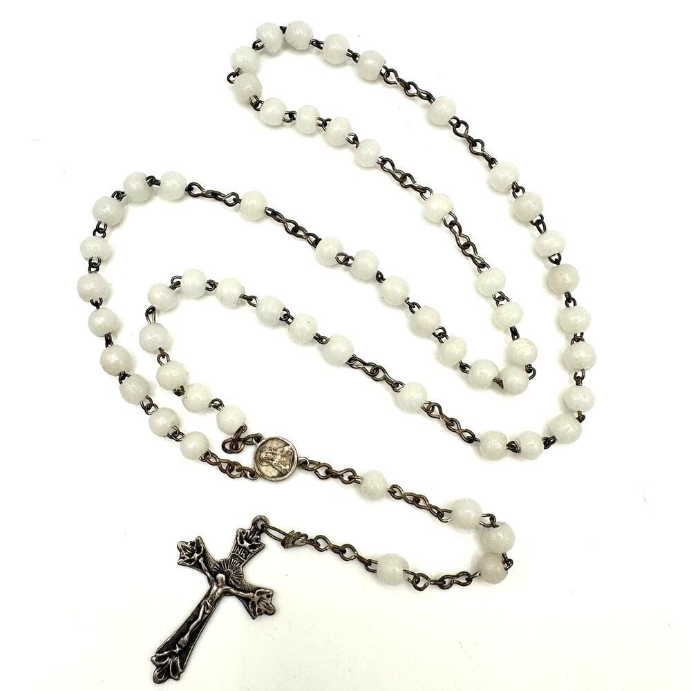Vintage silver plated white milk glass beads beaded Catholic rosary necklace
